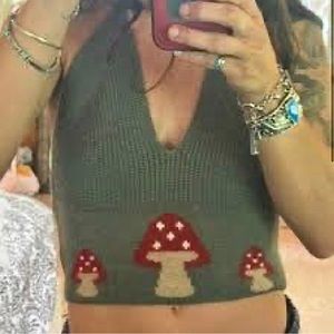 Fairycore Mushroom Knit Tie Halter Top Army Green Cropped Summer Festival Boho